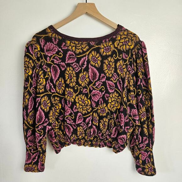 Free People No‎ Ordinary Top Jaquard Sweatshirt M Black Purple Floral Cropped - Picture 5 of 12